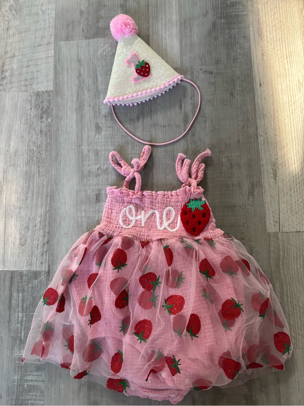 Pink Strawberry "One" Birthday Tutu Dress with Party Hat